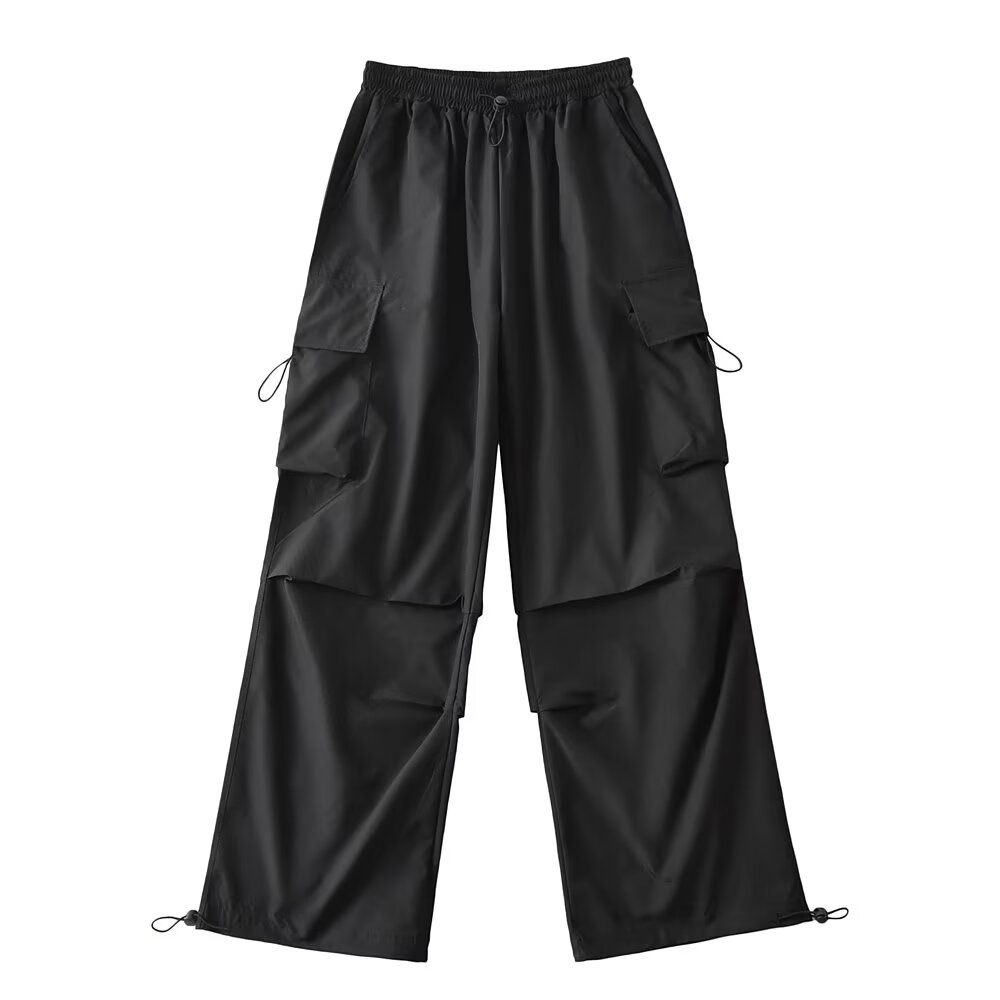 Trendy Black Wide-Leg Cargo Pants for Women - K-Pop Inspired Loose Casual Tactical Street Dance Style Trendy Black Wide-Leg Cargo Pants for Women - K-Pop Inspired Loose Casual Tactical Street Dance Style