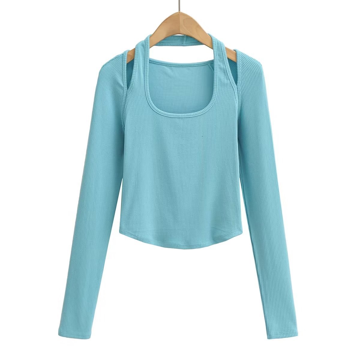 Trendy Blue Halter Off-Shoulder Slim Fit Long Sleeve Jazz Dance Crop Top for Women - Sexy Y2K Style