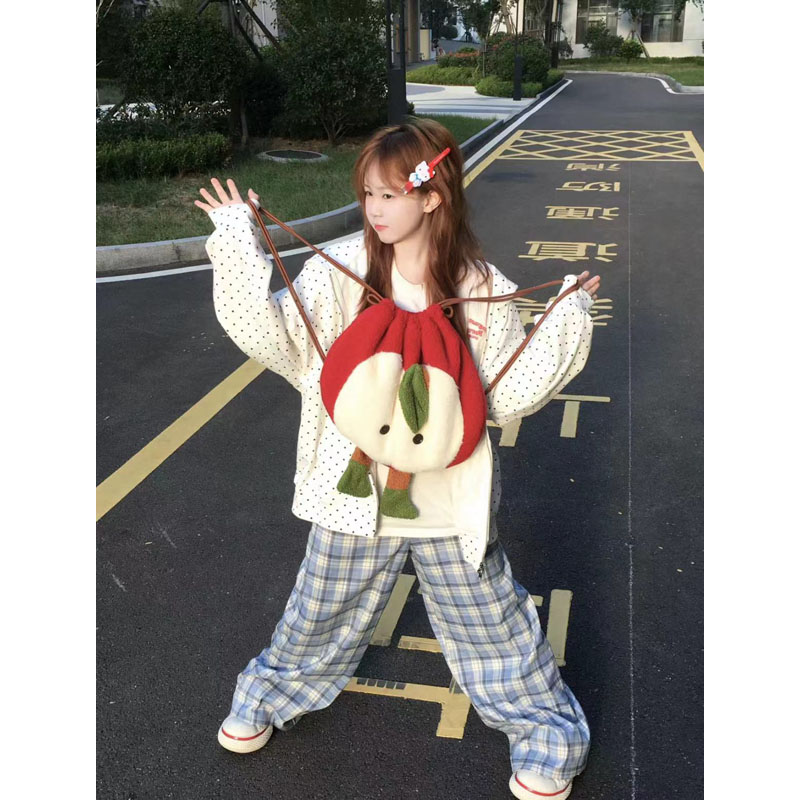 Trendy Cartoon Red Apple Drawstring Backpack - Plush School Bag for Women, Stylish Autumn/Winter Storage Bag 2024