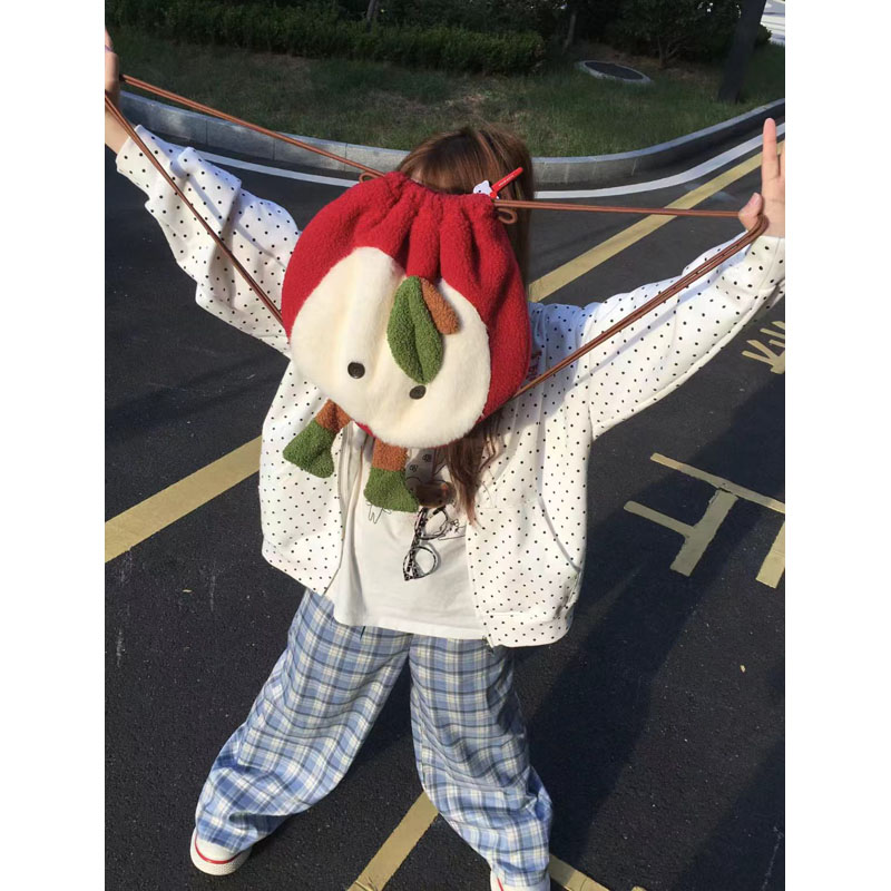 Trendy Cartoon Red Apple Drawstring Backpack - Plush School Bag for Women, Stylish Autumn/Winter Storage Bag 2024