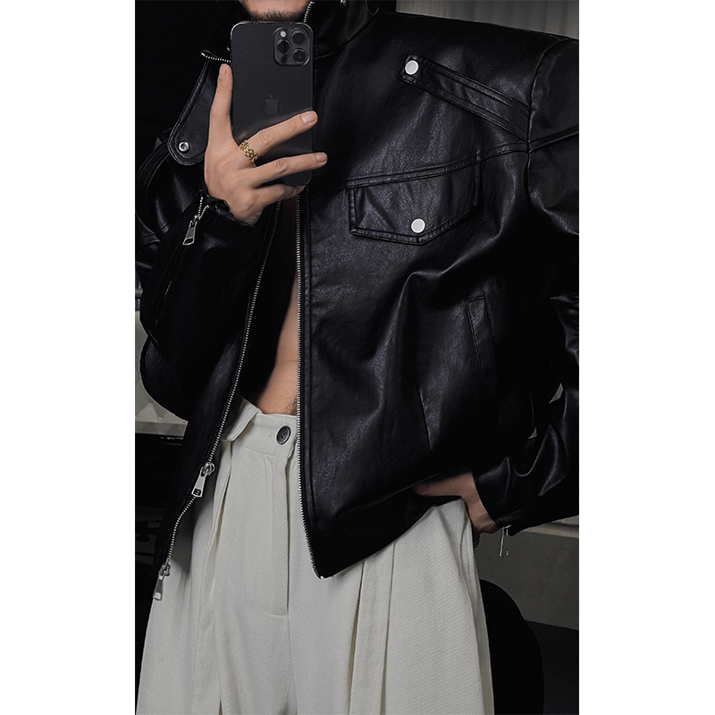 Trendy Casual Leather Jacket with Sleeve-Pressed Fold for 2025 Autumn, Versatile Layering Piece, Perfect for Y2K and Korean Style Looks Trendy Casual Leather Jacket with Sleeve-Pressed Fold for 2025 Autumn, Versatile Layering Piece, Perfect for Y2K and Korean Style Looks