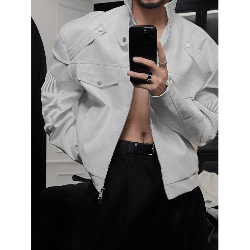Trendy Casual Leather Jacket with Sleeve-Pressed Fold for 2025 Autumn, Versatile Layering Piece, Perfect for Y2K and Korean Style Looks
