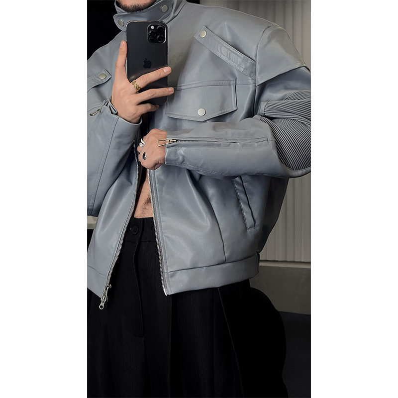 Trendy Casual Leather Jacket with Sleeve-Pressed Fold for 2025 Autumn, Versatile Layering Piece, Perfect for Y2K and Korean Style Looks Trendy Casual Leather Jacket with Sleeve-Pressed Fold for 2025 Autumn, Versatile Layering Piece, Perfect for Y2K and Korean Style Looks