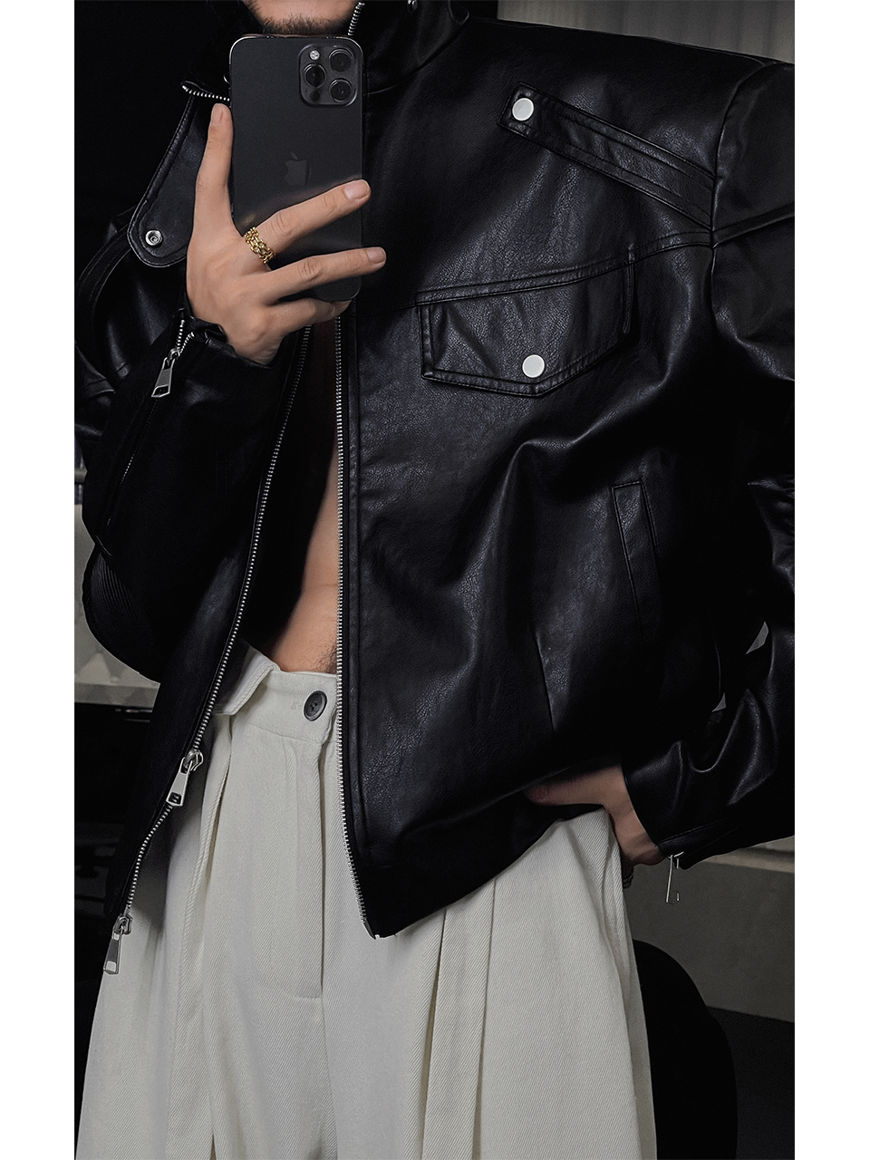 Trendy Casual Leather Jacket with Sleeve-Pressed Fold for 2025 Autumn, Versatile Layering Piece, Perfect for Y2K and Korean Style Looks