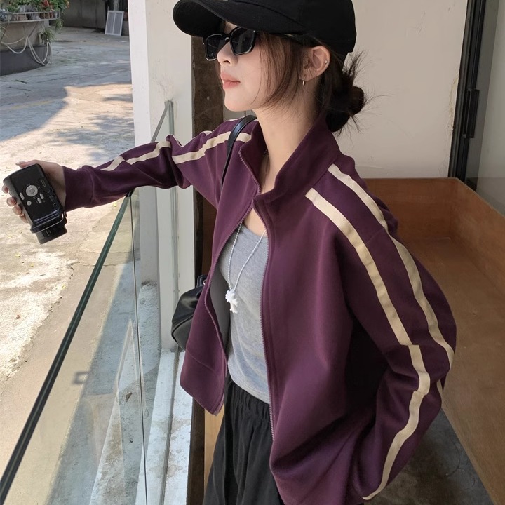 Trendy Color-Block Zipper Cardigan Jacket for Women - American Style Short Sweatshirt with Two-Stripe Design for Jazz Dance Trendy Color-Block Zipper Cardigan Jacket for Women - American Style Short Sweatshirt with Two-Stripe Design for Jazz Dance