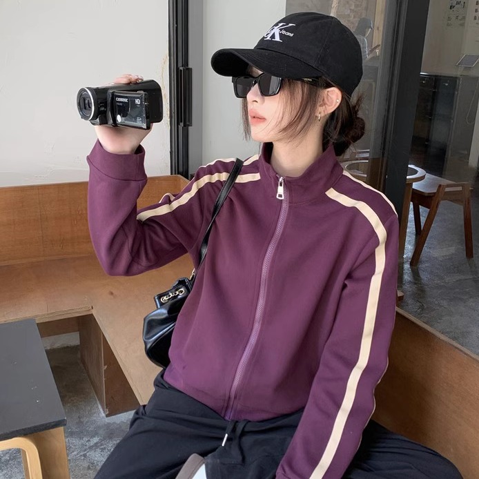 Trendy Color-Block Zipper Cardigan Jacket for Women - American Style Short Sweatshirt with Two-Stripe Design for Jazz Dance Trendy Color-Block Zipper Cardigan Jacket for Women - American Style Short Sweatshirt with Two-Stripe Design for Jazz Dance