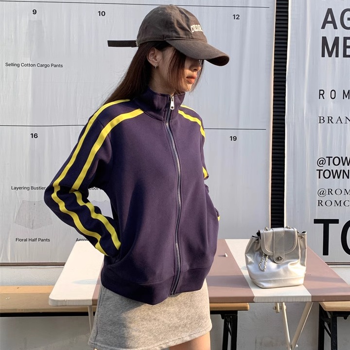 Trendy Color-Block Zipper Cardigan Jacket for Women - American Style Short Sweatshirt with Two-Stripe Design for Jazz Dance Trendy Color-Block Zipper Cardigan Jacket for Women - American Style Short Sweatshirt with Two-Stripe Design for Jazz Dance