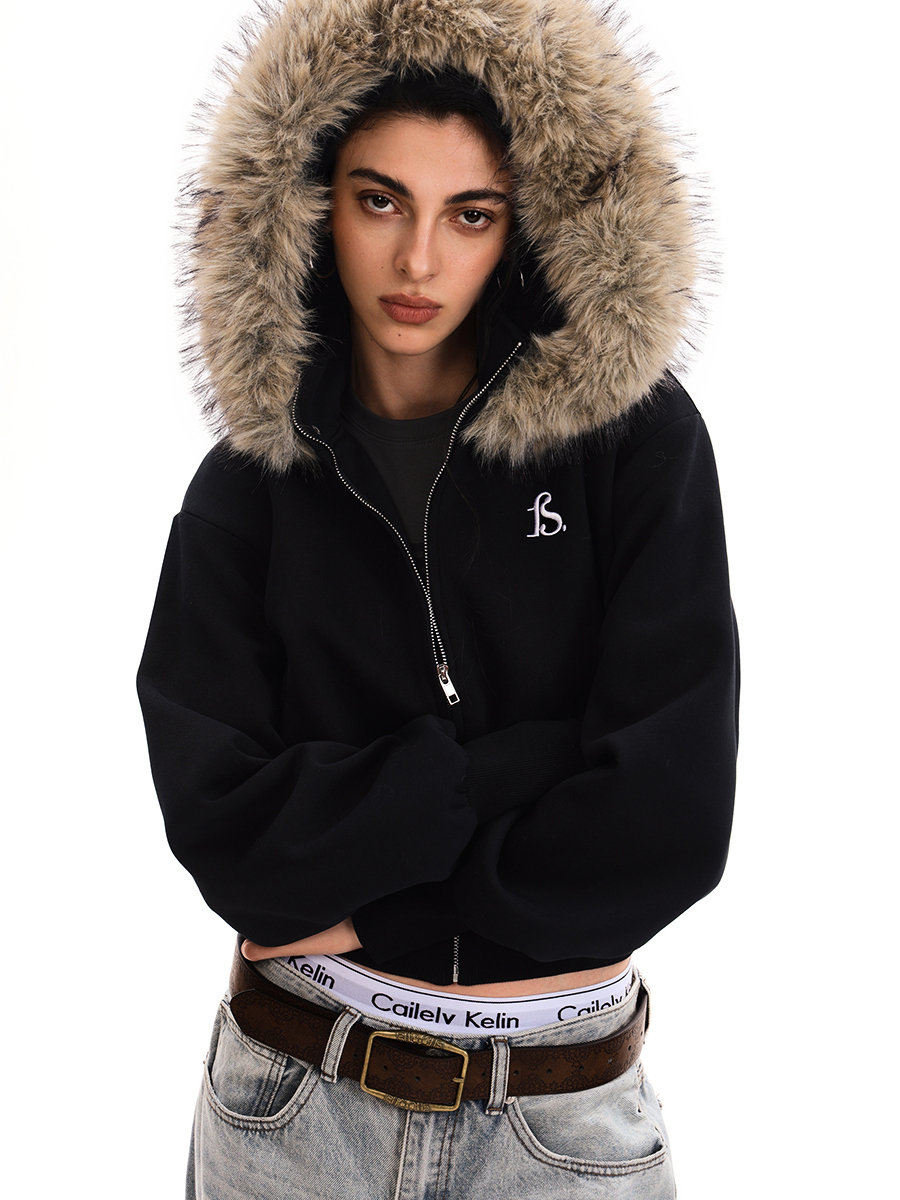 Trendy Deconstructed Short Hooded Sweatshirt Jacket for Women with Removable Fur Collar - Vintage American Style Cardigan Trendy Deconstructed Short Hooded Sweatshirt Jacket for Women with Removable Fur Collar - Vintage American Style Cardigan