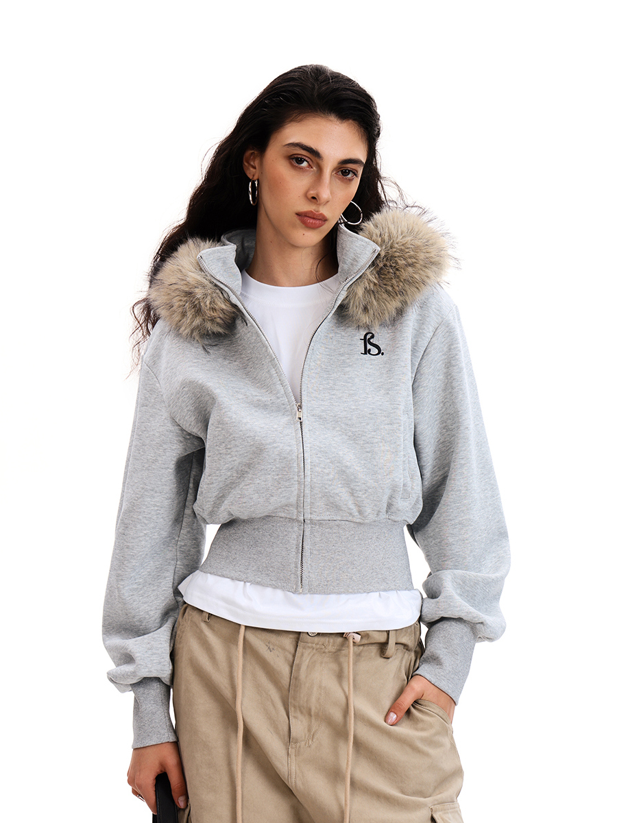 Trendy Deconstructed Short Hooded Sweatshirt Jacket for Women with Removable Fur Collar - Vintage American Style Cardigan