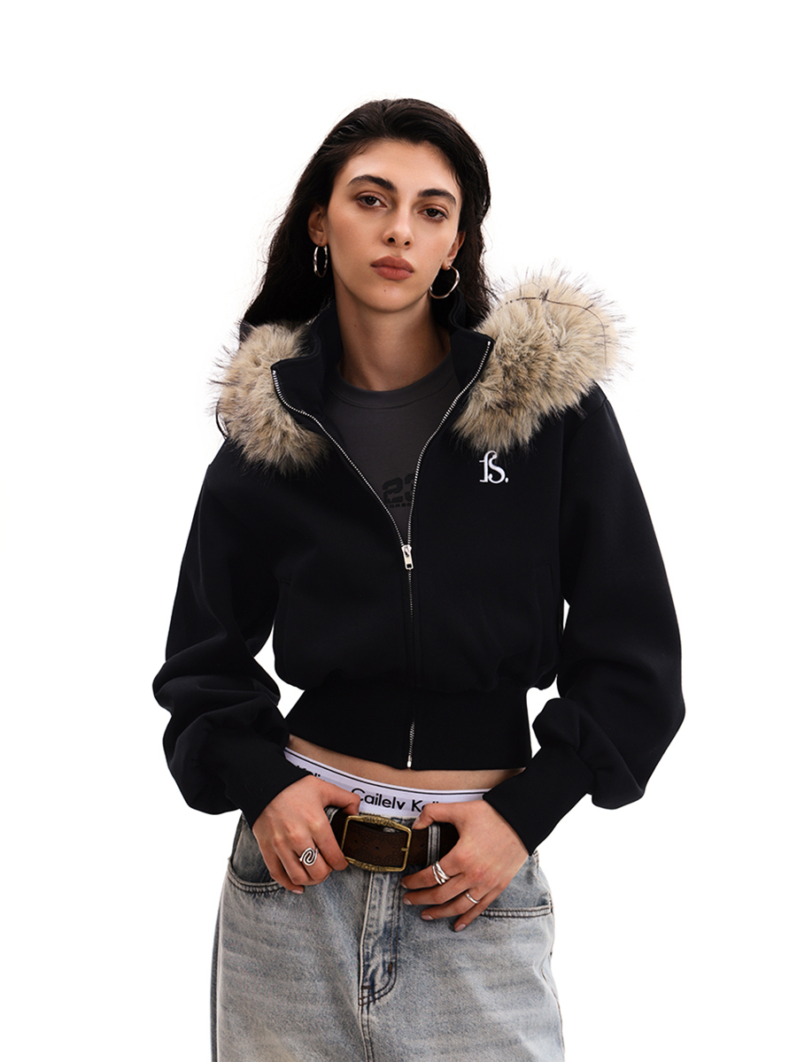 Trendy Deconstructed Short Hooded Sweatshirt Jacket for Women with Removable Fur Collar - Vintage American Style Cardigan Trendy Deconstructed Short Hooded Sweatshirt Jacket for Women with Removable Fur Collar - Vintage American Style Cardigan