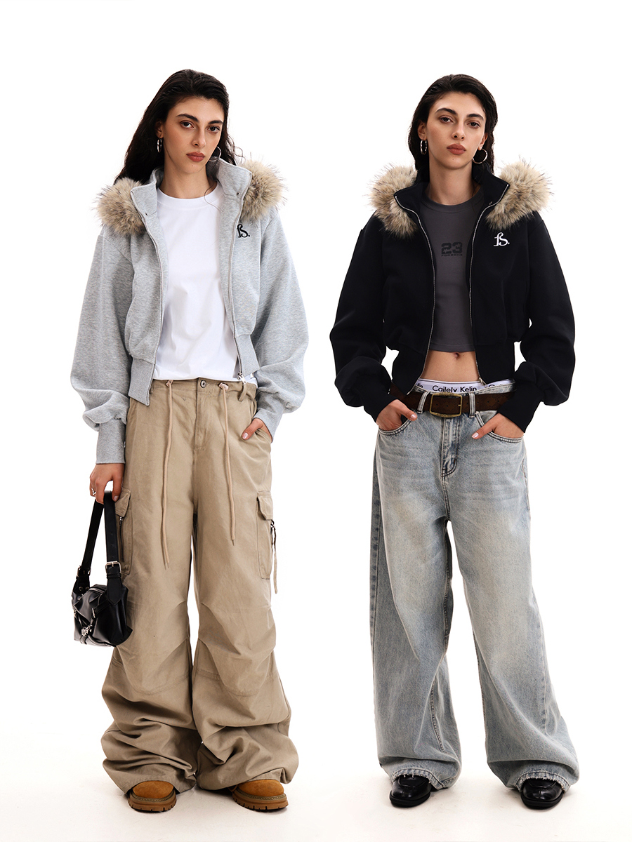 Trendy Deconstructed Short Hooded Sweatshirt Jacket for Women with Removable Fur Collar - Vintage American Style Cardigan Trendy Deconstructed Short Hooded Sweatshirt Jacket for Women with Removable Fur Collar - Vintage American Style Cardigan