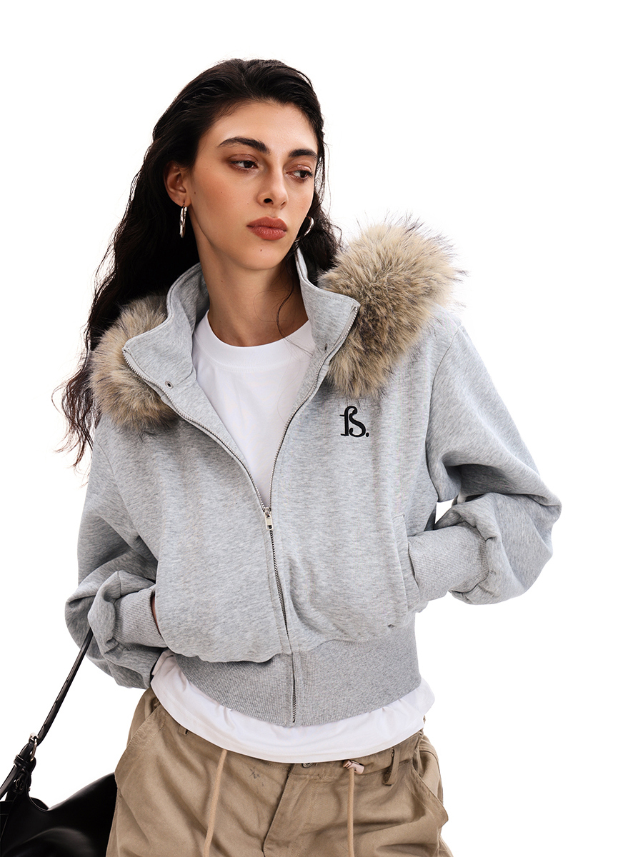 Trendy Deconstructed Short Hooded Sweatshirt Jacket for Women with Removable Fur Collar - Vintage American Style Cardigan Trendy Deconstructed Short Hooded Sweatshirt Jacket for Women with Removable Fur Collar - Vintage American Style Cardigan