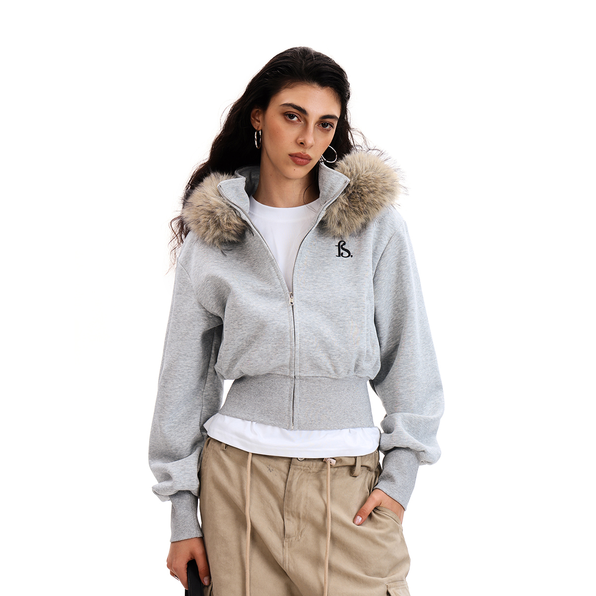 Trendy Deconstructed Short Hooded Sweatshirt Jacket for Women with Removable Fur Collar - Vintage American Style Cardigan