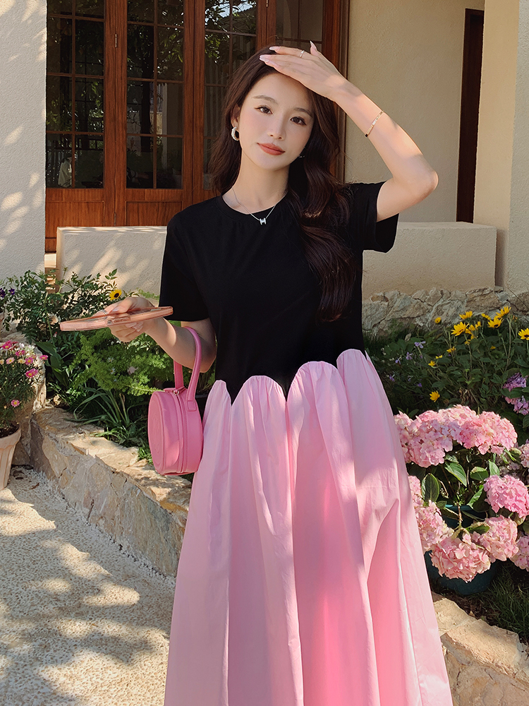 Trendy Dopamine Pink Patchwork Dress for Women - Summer 2025, Unique Long Dress, Youthful Style, Perfect for 90s & Y2K Fashion.