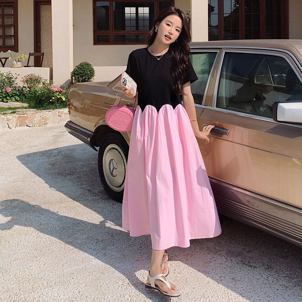 Trendy Dopamine Pink Patchwork Dress for Women - Summer 2025, Unique Long Dress, Youthful Style, Perfect for 90s & Y2K Fashion. Trendy Dopamine Pink Patchwork Dress for Women - Summer 2025, Unique Long Dress, Youthful Style, Perfect for 90s & Y2K Fashion.