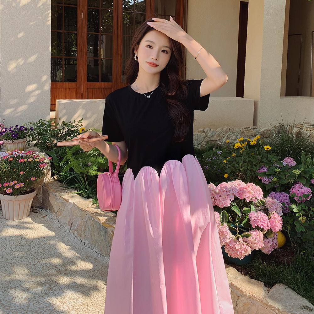 Trendy Dopamine Pink Patchwork Dress for Women - Summer 2025, Unique Long Dress, Youthful Style, Perfect for 90s & Y2K Fashion.