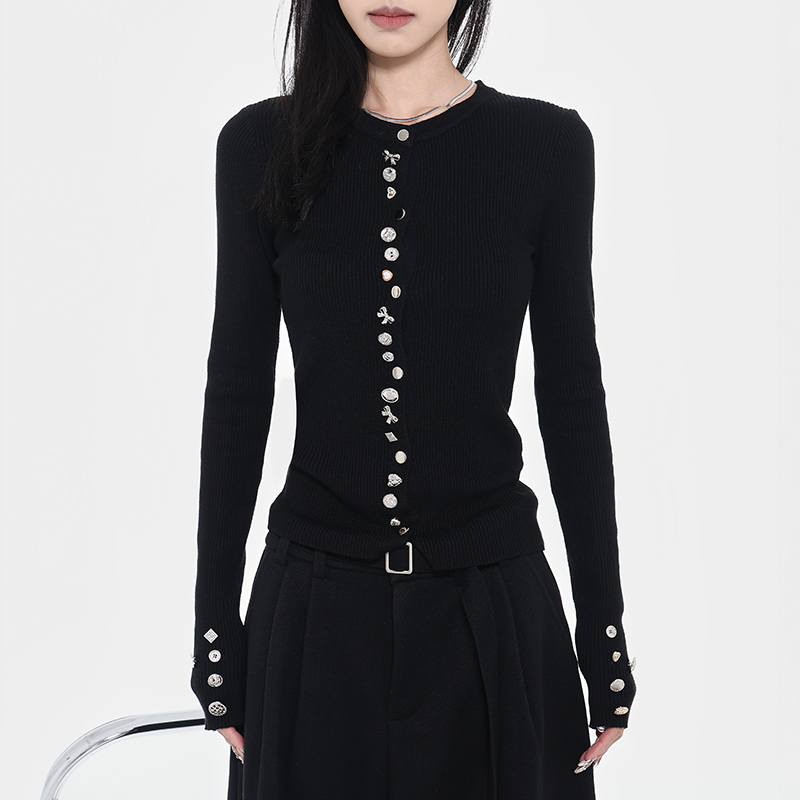 Trendy Heavy Metal Buckle Round Neck Long Sleeve Knitted Cardigan - Women's Autumn Winter Layering Essential