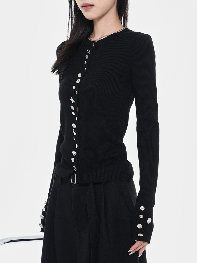 Trendy Heavy Metal Buckle Round Neck Long Sleeve Knitted Cardigan - Women's Autumn Winter Layering Essential