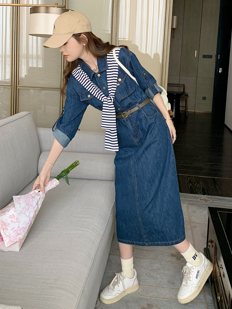 Trendy High-End Denim Dress for Women - Long Spring & Autumn Outfit with Shawl and Shirt - 2025 Style