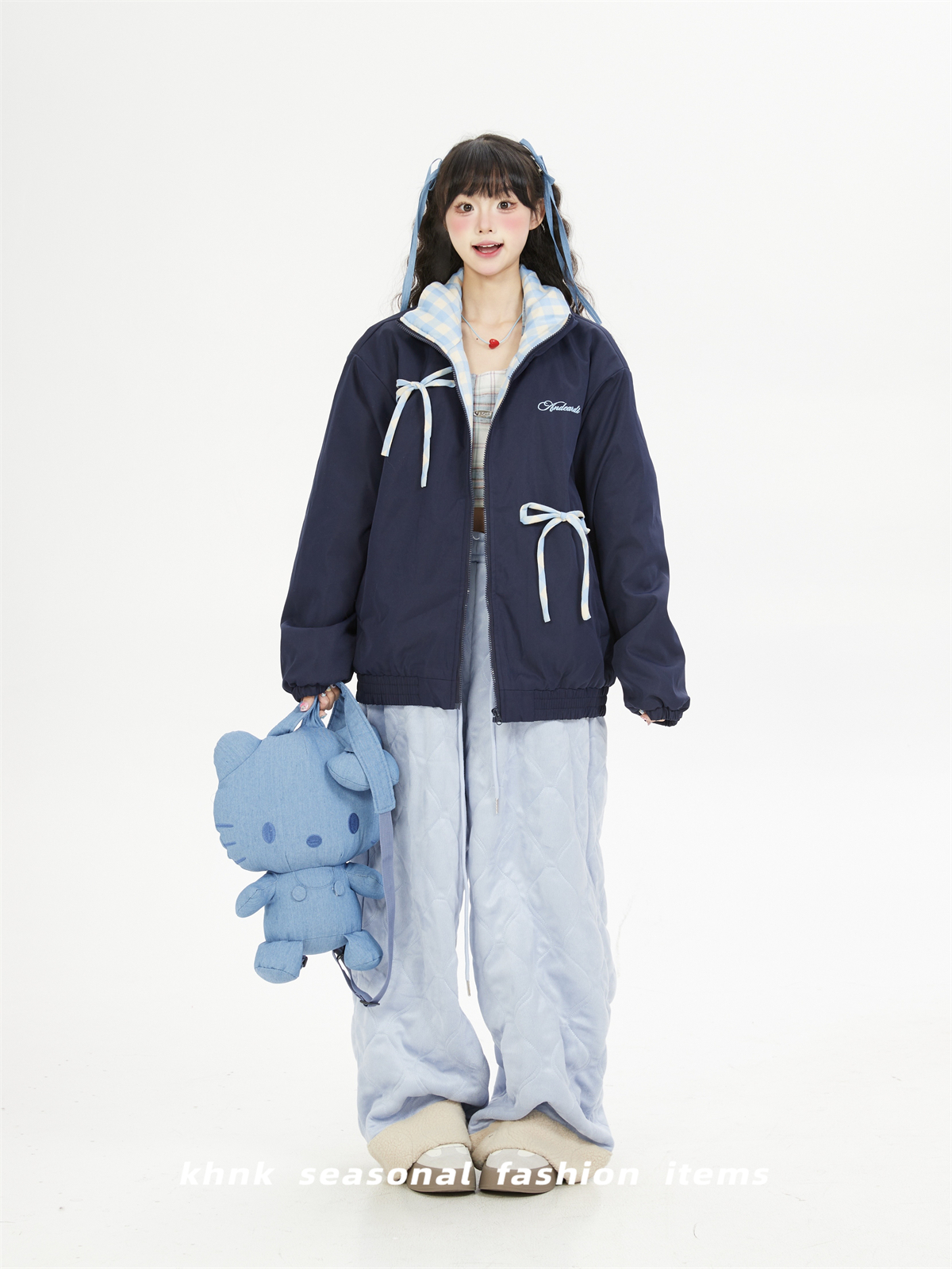 Trendy High-End Feel Cotton Coat for Women - Butterfly Knot Plaid Splicing Stand Collar Jacket, Loose Thickened Winter Outerwear