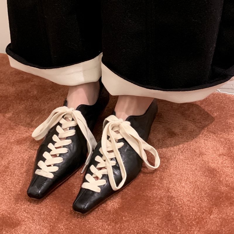 Trendy Lace-Up Small Leather Shoes for Women with Square Toe, Hollow Out Design, Irregular Wedge Heels - Cool Grandma Style Footwear