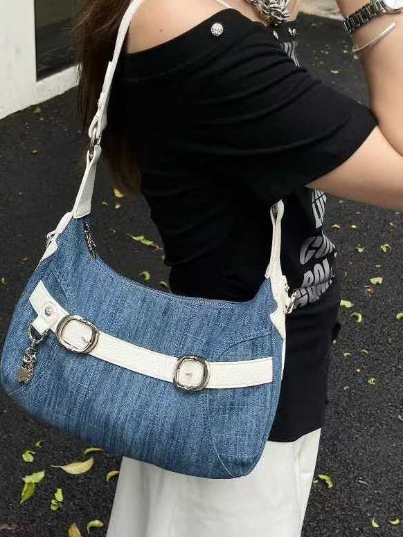 Trendy Large-Capacity Crossbody Denim Bag with Cross-Shaped Belt Decoration for Commuting - Stylish Women's Accessory