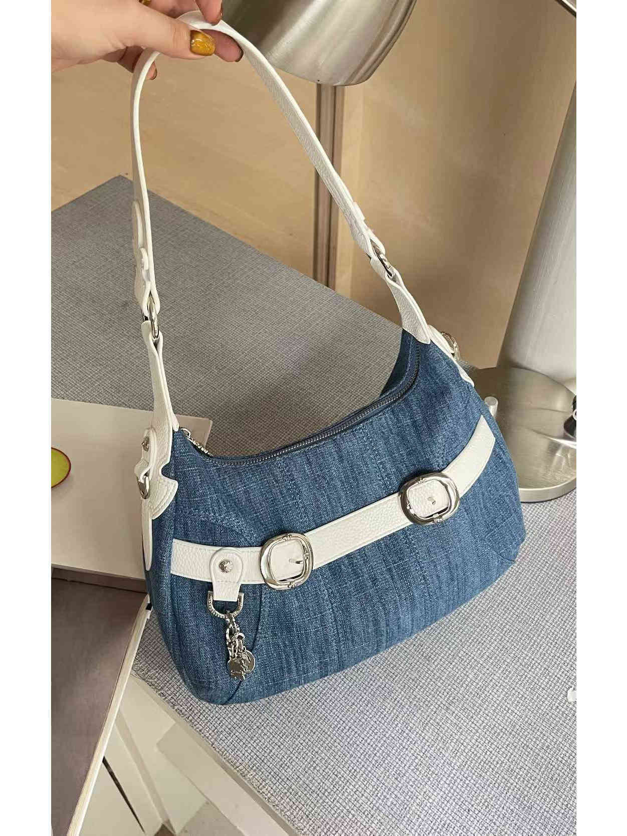Trendy Large-Capacity Crossbody Denim Bag with Cross-Shaped Belt Decoration for Commuting - Stylish Women's Accessory Trendy Large-Capacity Crossbody Denim Bag with Cross-Shaped Belt Decoration for Commuting - Stylish Women's Accessory