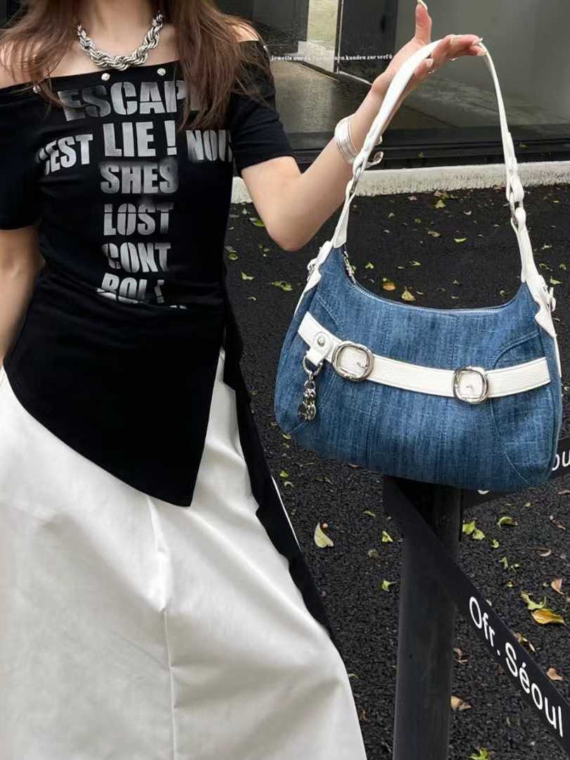 Trendy Large-Capacity Crossbody Denim Bag with Cross-Shaped Belt Decoration for Commuting - Stylish Women's Accessory Trendy Large-Capacity Crossbody Denim Bag with Cross-Shaped Belt Decoration for Commuting - Stylish Women's Accessory