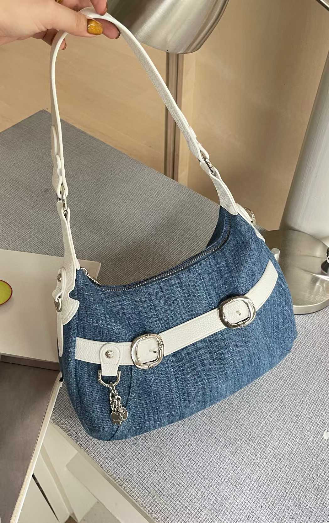 Trendy Large-Capacity Crossbody Denim Bag with Cross-Shaped Belt Decoration for Commuting - Stylish Women's Accessory