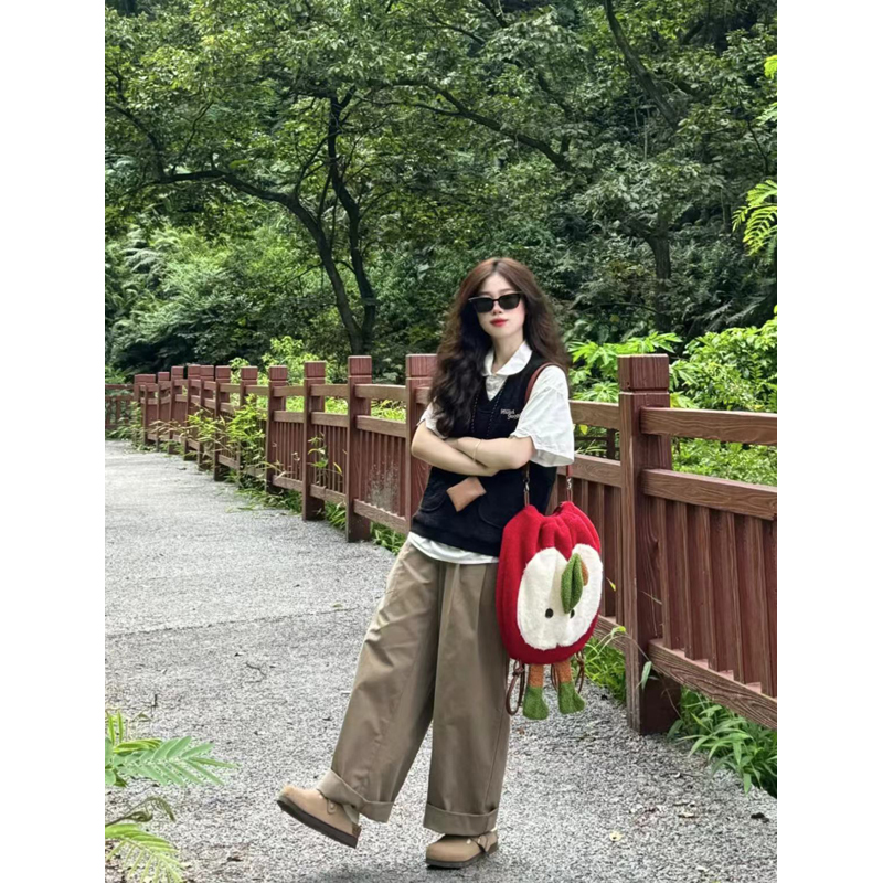 Trendy Large Capacity Plush Cartoon Red Apple Drawstring Backpack Crossbody Bag for Students