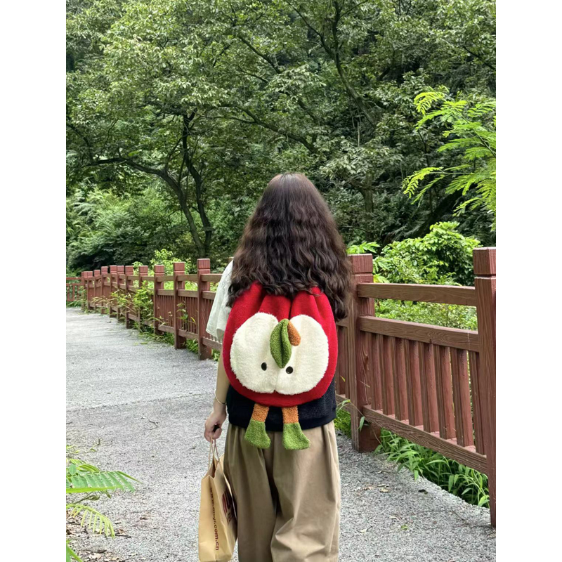 Trendy Large Capacity Plush Cartoon Red Apple Drawstring Backpack Crossbody Bag for Students