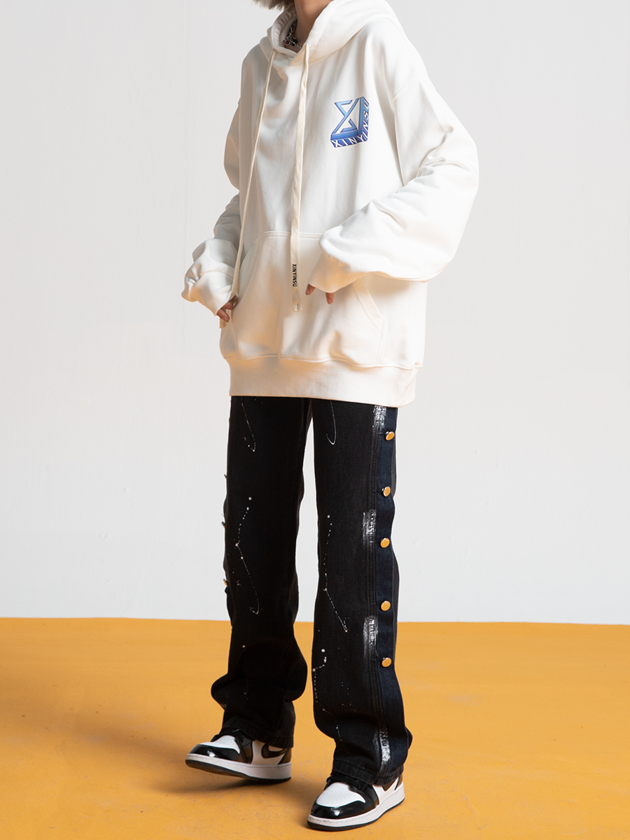 Trendy Loose Straight Button Fly Denim Pants with Splatter Design for Autumn High Street Style Trendy Loose Straight Button Fly Denim Pants with Splatter Design for Autumn High Street Style