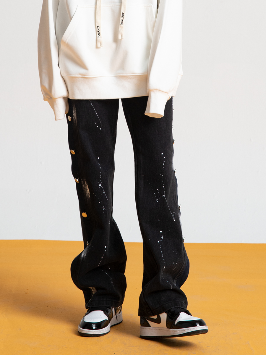 Trendy Loose Straight Button Fly Denim Pants with Splatter Design for Autumn High Street Style Trendy Loose Straight Button Fly Denim Pants with Splatter Design for Autumn High Street Style