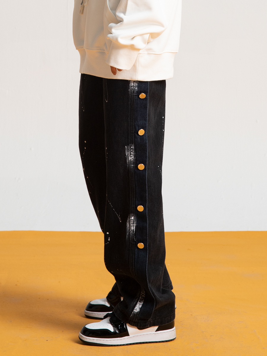 Trendy Loose Straight Button Fly Denim Pants with Splatter Design for Autumn High Street Style Trendy Loose Straight Button Fly Denim Pants with Splatter Design for Autumn High Street Style