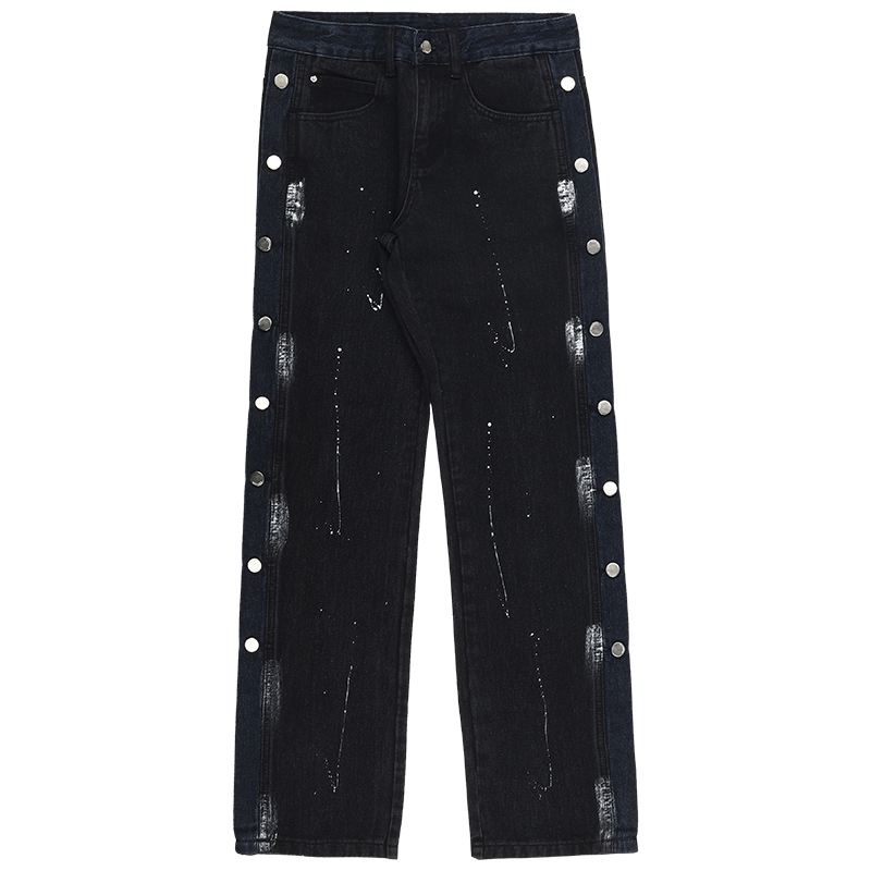 Trendy Loose Straight Button Fly Denim Pants with Splatter Design for Autumn High Street Style