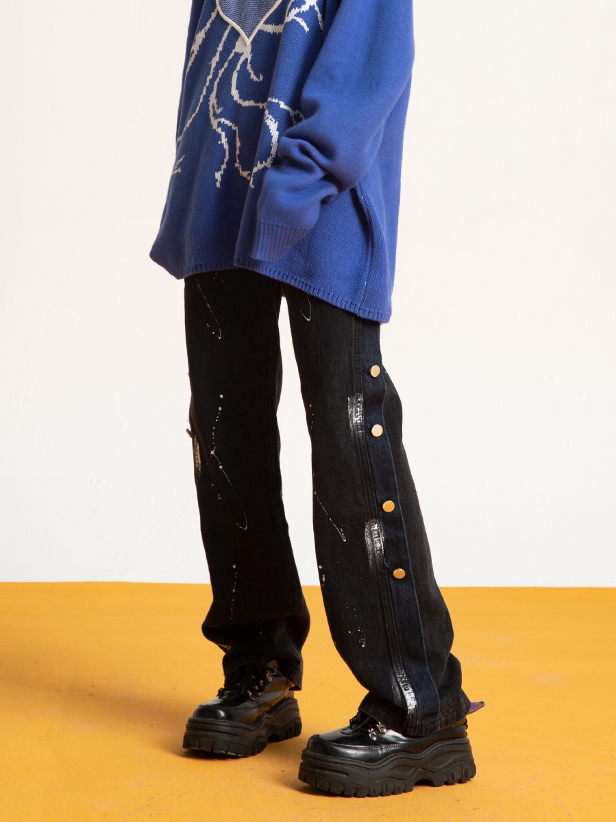 Trendy Loose Straight Button Fly Denim Pants with Splatter Design for Autumn High Street Style