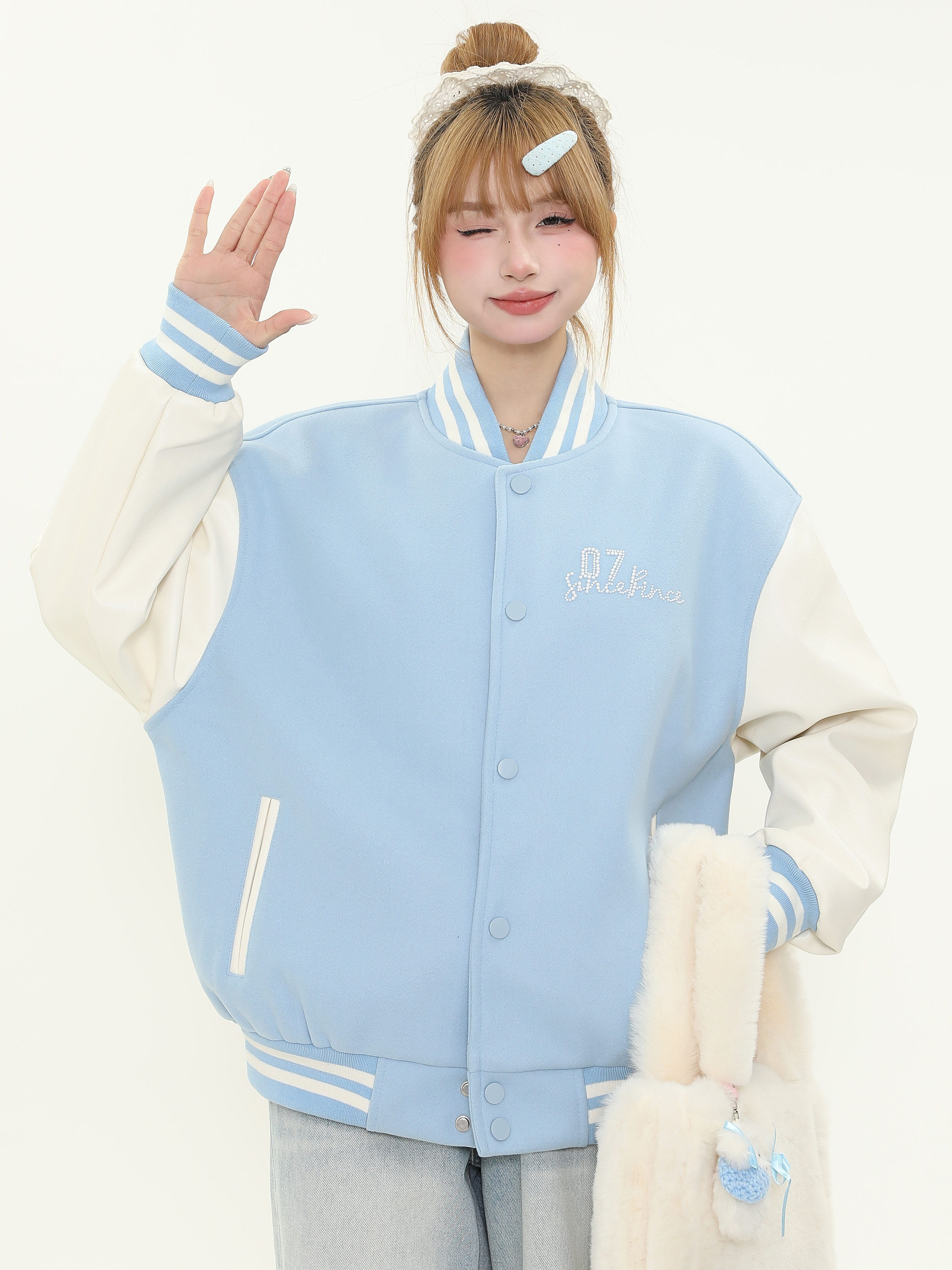 Trendy Pearl Letter Printed Baseball Jacket for Women - American Style Loose Fit Couple Jacket for Spring Fashion Trendy Pearl Letter Printed Baseball Jacket for Women - American Style Loose Fit Couple Jacket for Spring Fashion