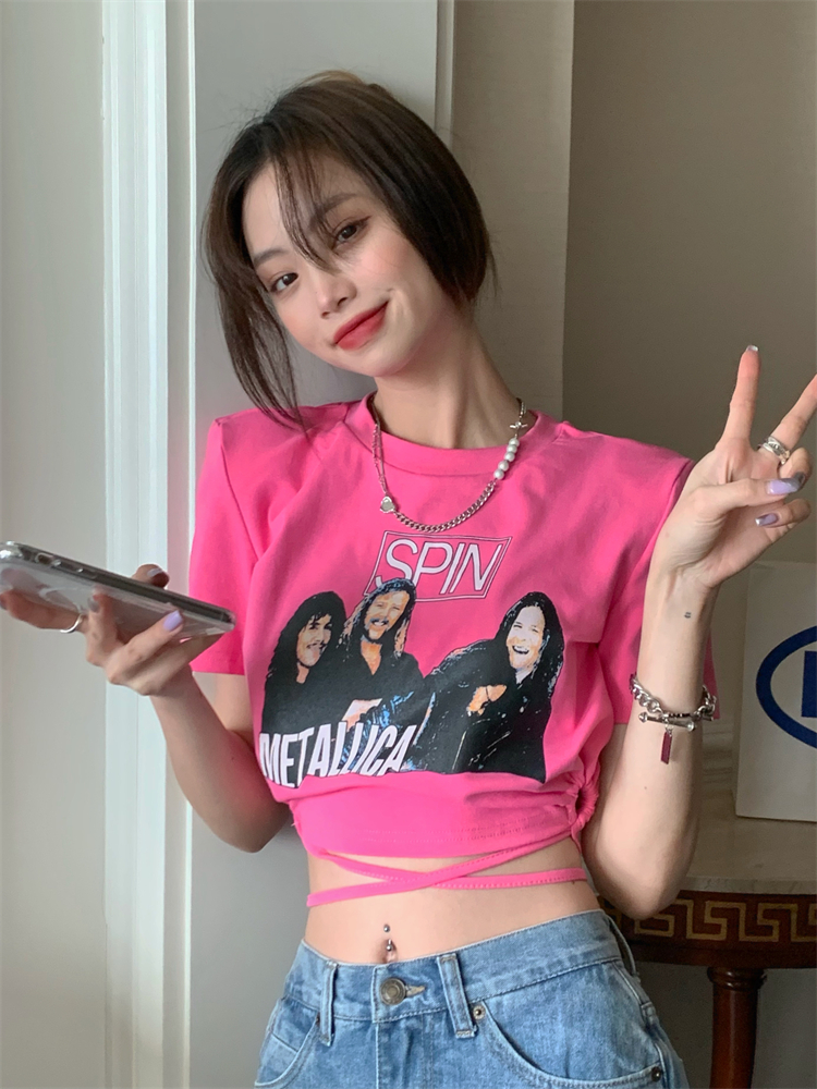 Trendy Pink Crop Top T-Shirt for Women, Short Sleeve Dance Style, European and American Fashion, Spicy Girl Design, Casual Chic.