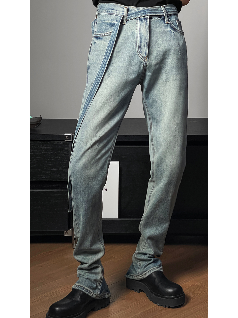 Trendy Retro Distressed Lace-Up Split Loose Straight-Leg Jeans - American High Street Fashion, Y2K Style, Casual Chic