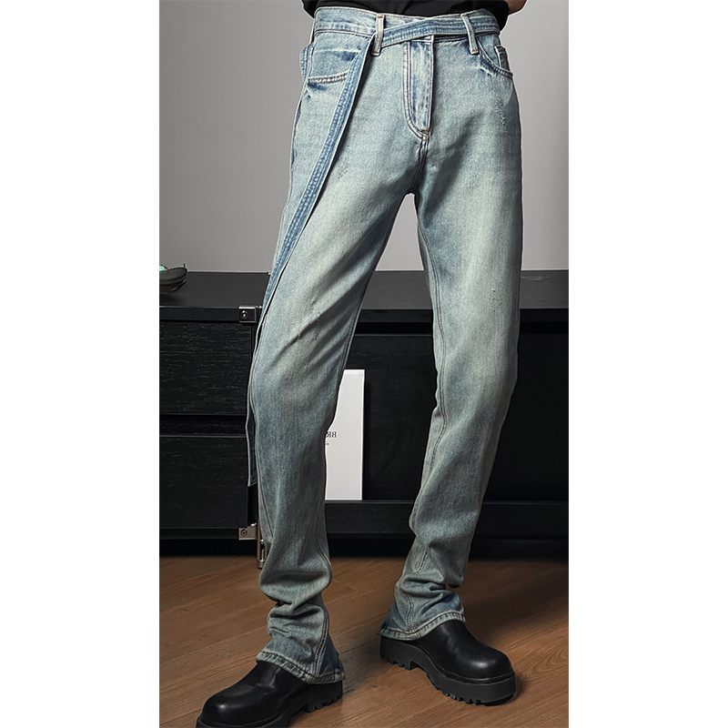 Trendy Retro Distressed Lace-Up Split Loose Straight-Leg Jeans - American High Street Fashion, Y2K Style, Casual Chic