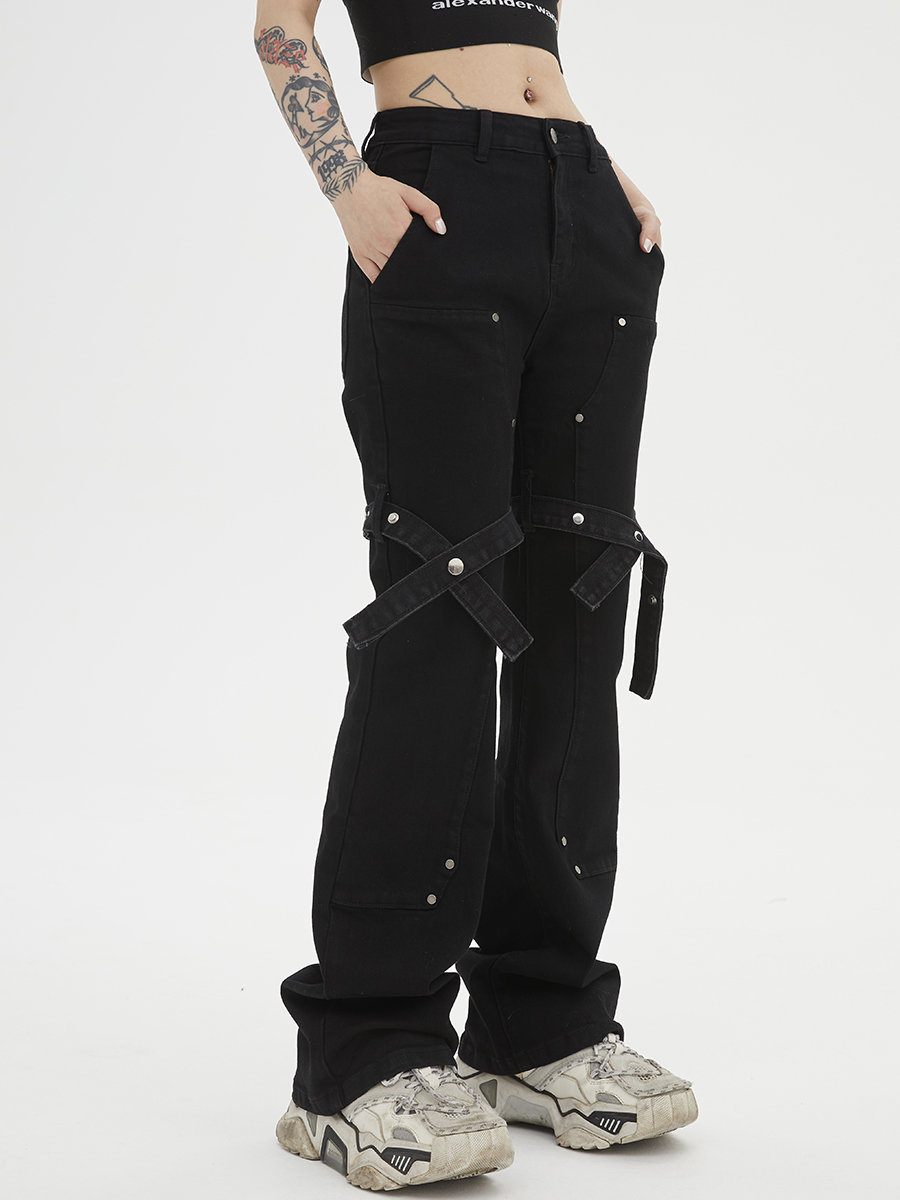Trendy Retro Lace-Up Black Denim Flared Pants for Men and Women - High Street 90s Style Long Trousers