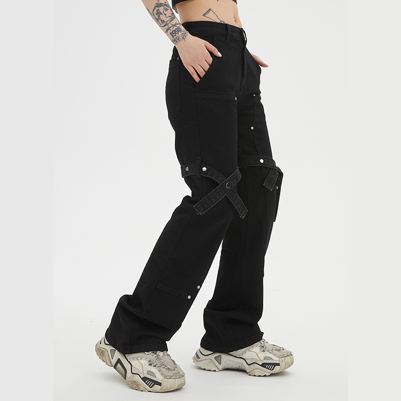 Trendy Retro Lace-Up Black Denim Flared Pants for Men and Women - High Street 90s Style Long Trousers