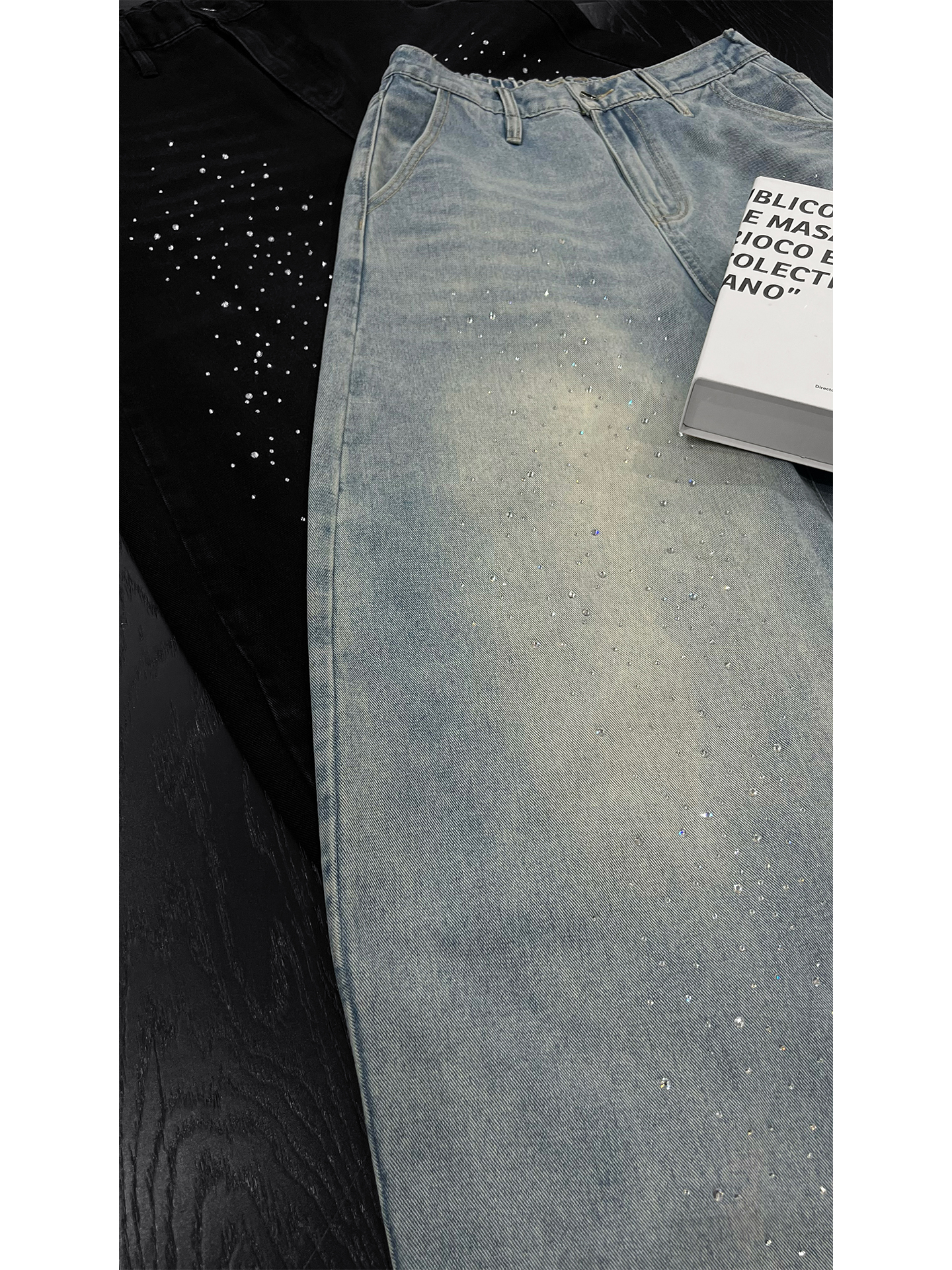 Trendy Rhinestone Denim Pants for Men - American Vintage Washed Loose Straight Leg Style, Summer 90s Niche Design Trendy Rhinestone Denim Pants for Men - American Vintage Washed Loose Straight Leg Style, Summer 90s Niche Design