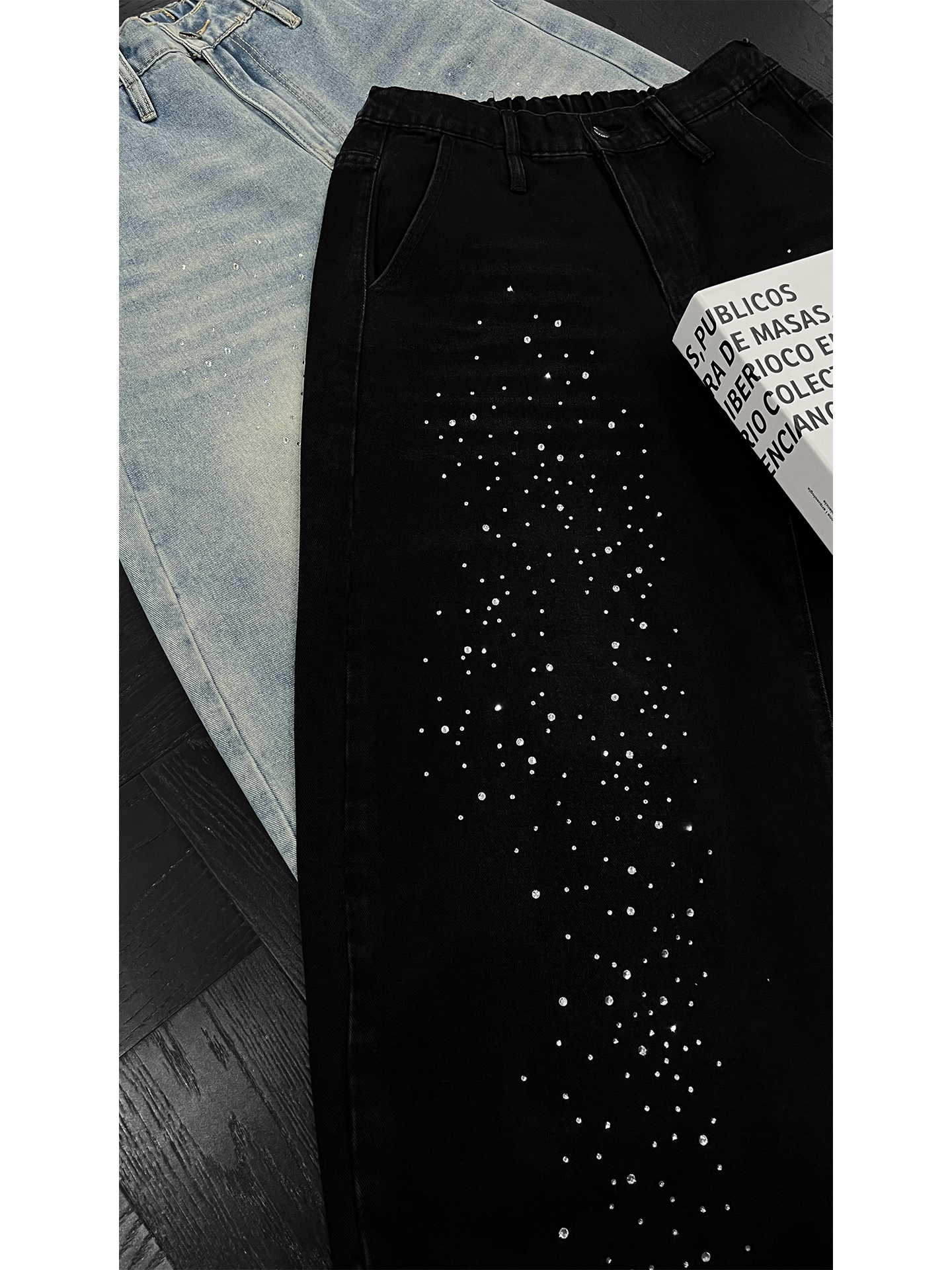 Trendy Rhinestone Denim Pants for Men - American Vintage Washed Loose Straight Leg Style, Summer 90s Niche Design