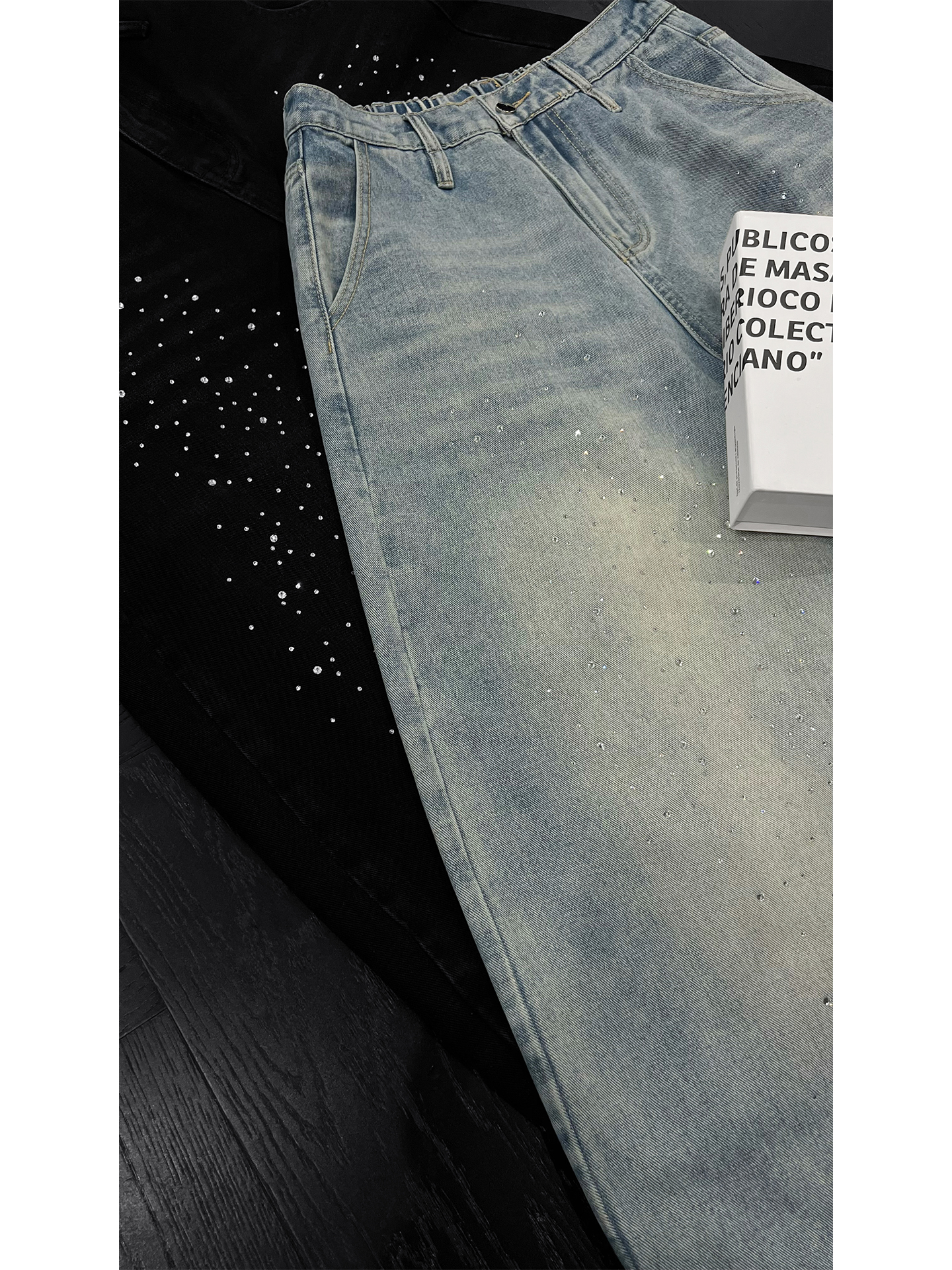 Trendy Rhinestone Denim Pants for Men - American Vintage Washed Loose Straight Leg Style, Summer 90s Niche Design