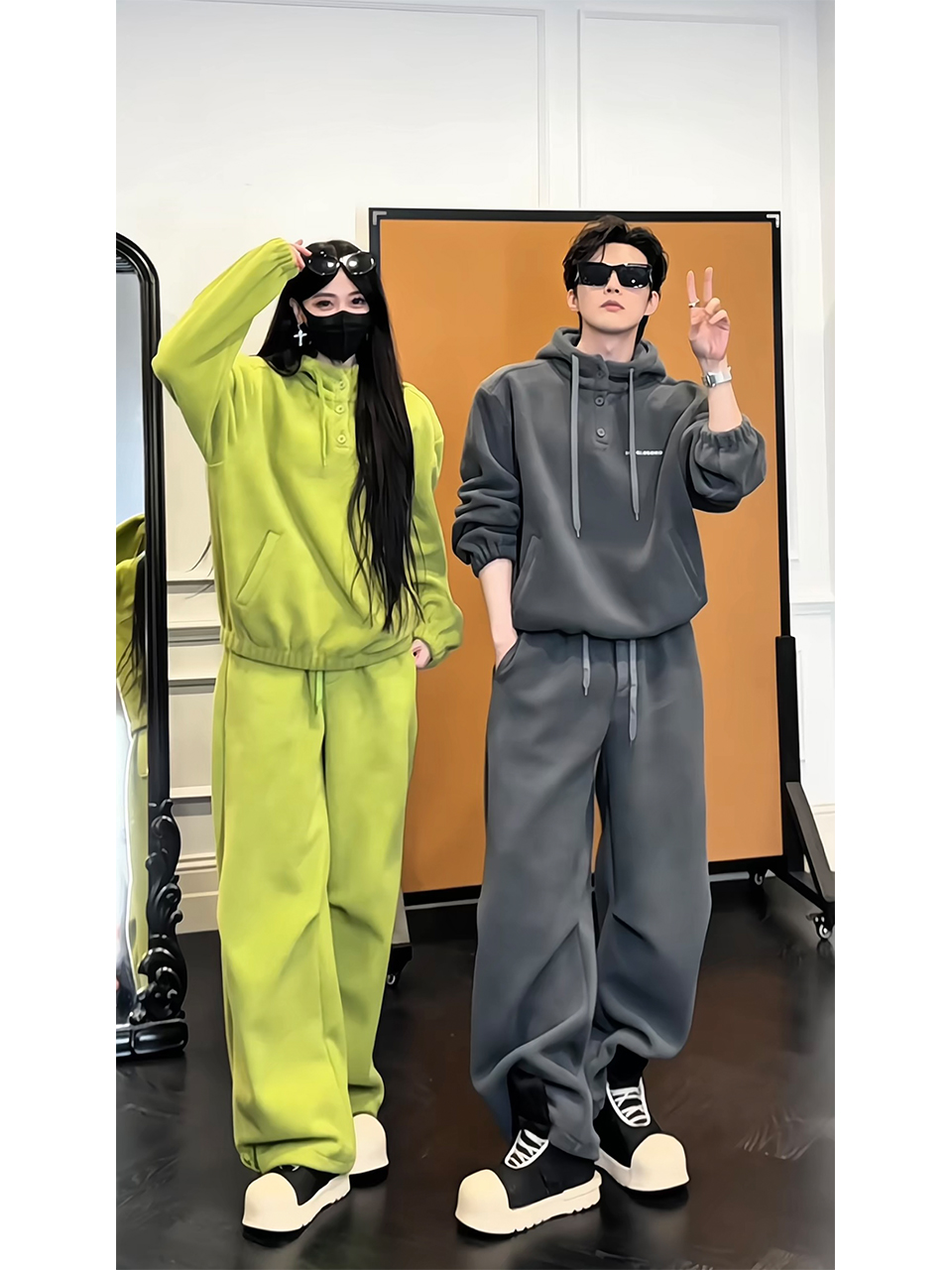 Trendy Solid Color Dragon Dadao Winter Casual Sports Suit - Thickened Sweatshirt & Long Pants for Couples