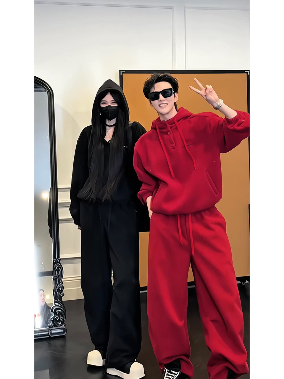 Trendy Solid Color Dragon Dadao Winter Casual Sports Suit - Thickened Sweatshirt & Long Pants for Couples