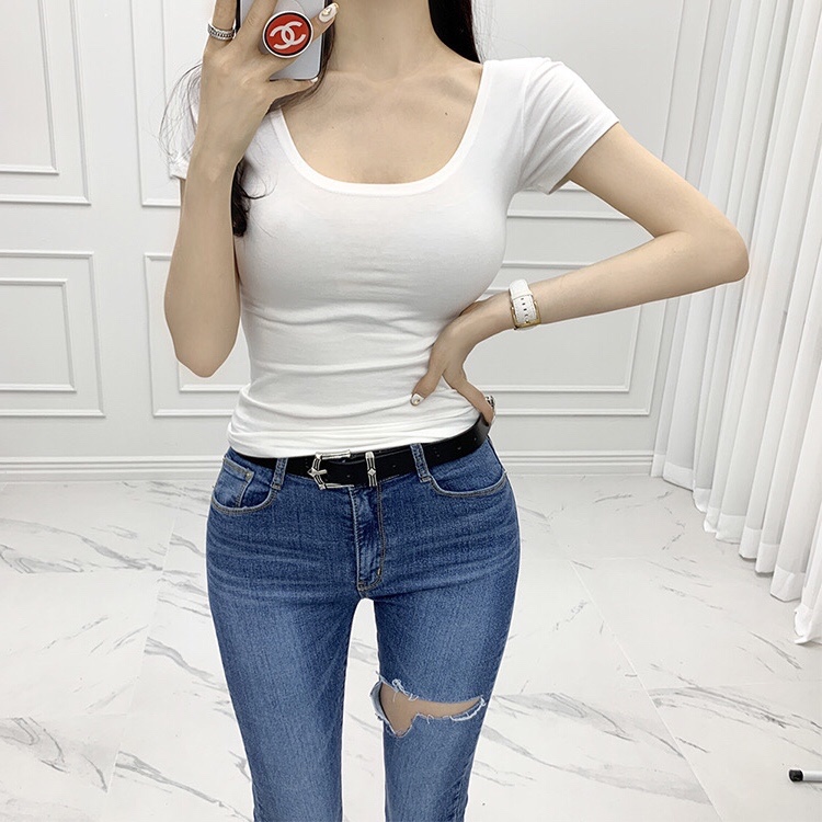 Trendy Solid Color Slim Fit Short Sleeve T-Shirt for Women - Summer 2025 Korean Style, Tight-Fitting, Collarbone-Showing Top
