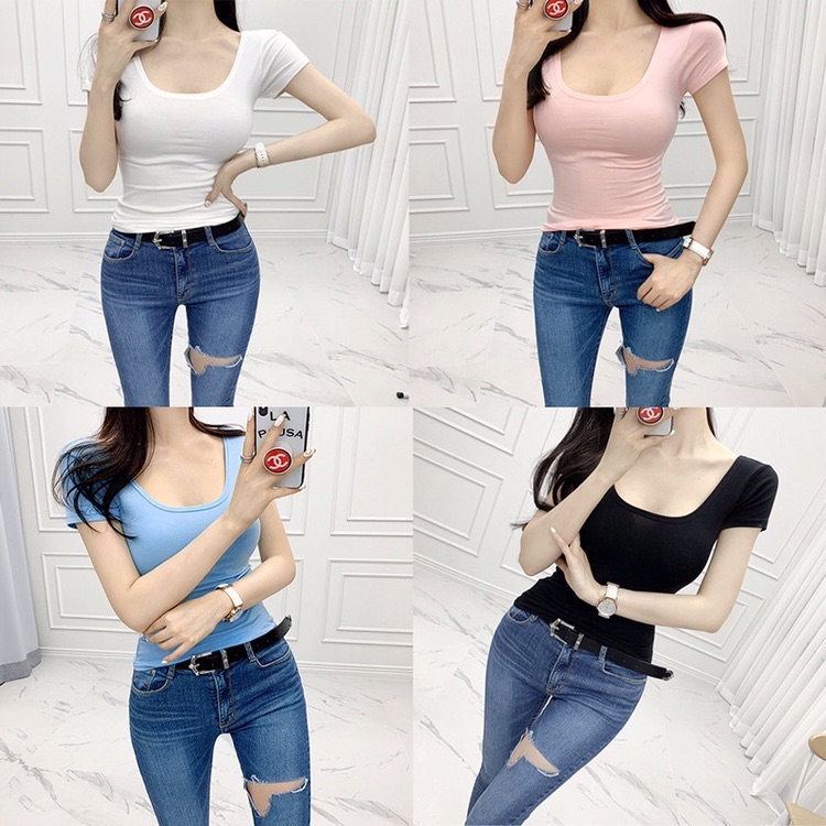 Trendy Solid Color Slim Fit Short Sleeve T-Shirt for Women - Summer 2025 Korean Style, Tight-Fitting, Collarbone-Showing Top