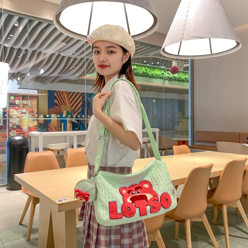 Trendy Summer Cartoon Strawberry Bear Canvas Shoulder Bag for Women, Large Capacity Crossbody Commuter Bag Trendy Summer Cartoon Strawberry Bear Canvas Shoulder Bag for Women, Large Capacity Crossbody Commuter Bag